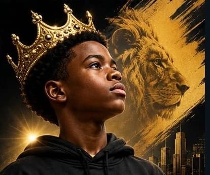 A young king wearing a gold crown, looking upward, with a golden lion behind him